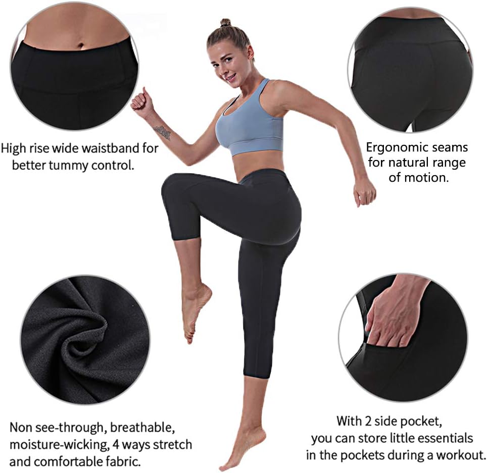 Women's Yoga Pants High Waisted Crop Workout Running Leggings with Side Pocketed Tummy Control Yoga Capris