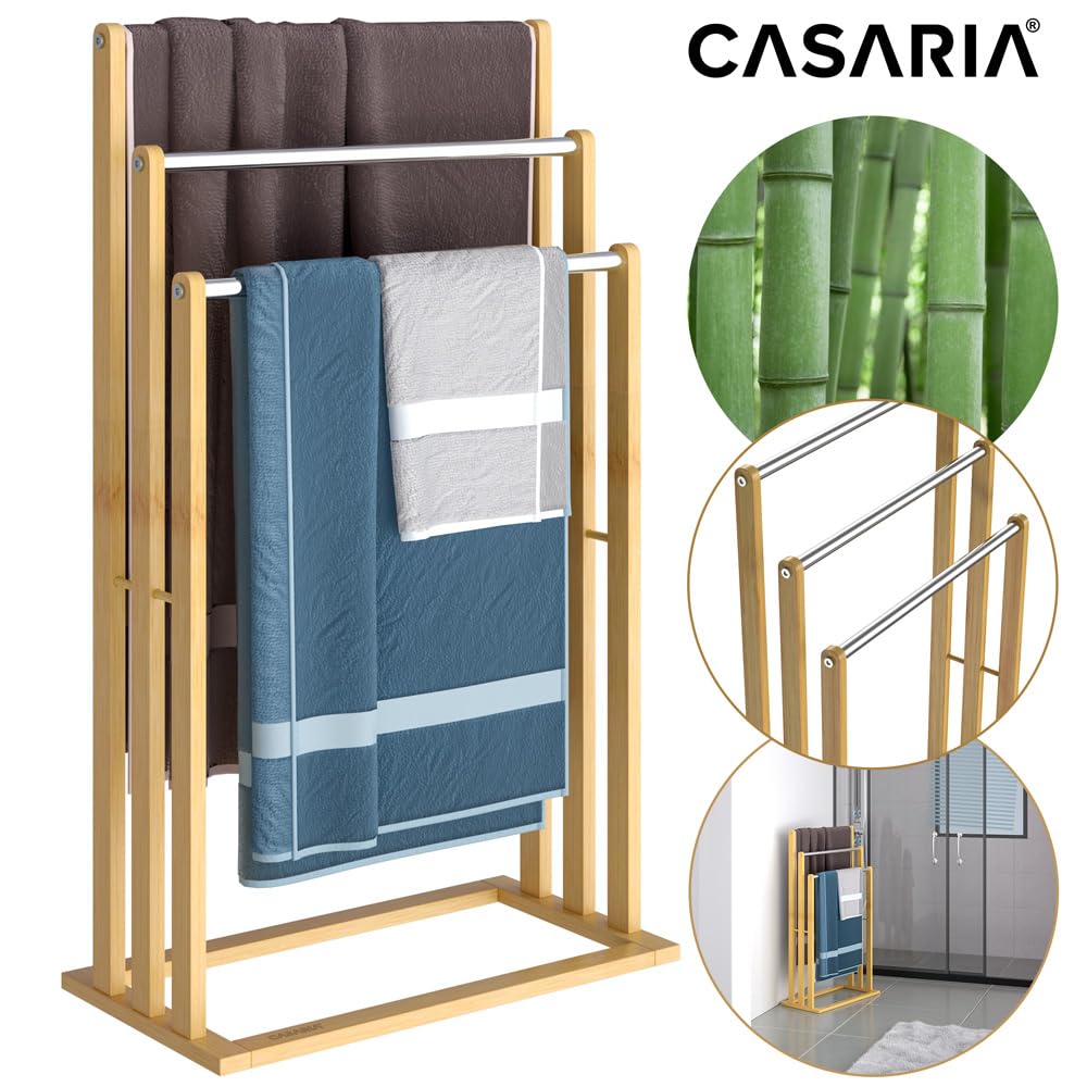 Porte-Serviettes en Bambou sur Pied avec 3 Barres Support pour Serviettes Étagère de Salle de Bain