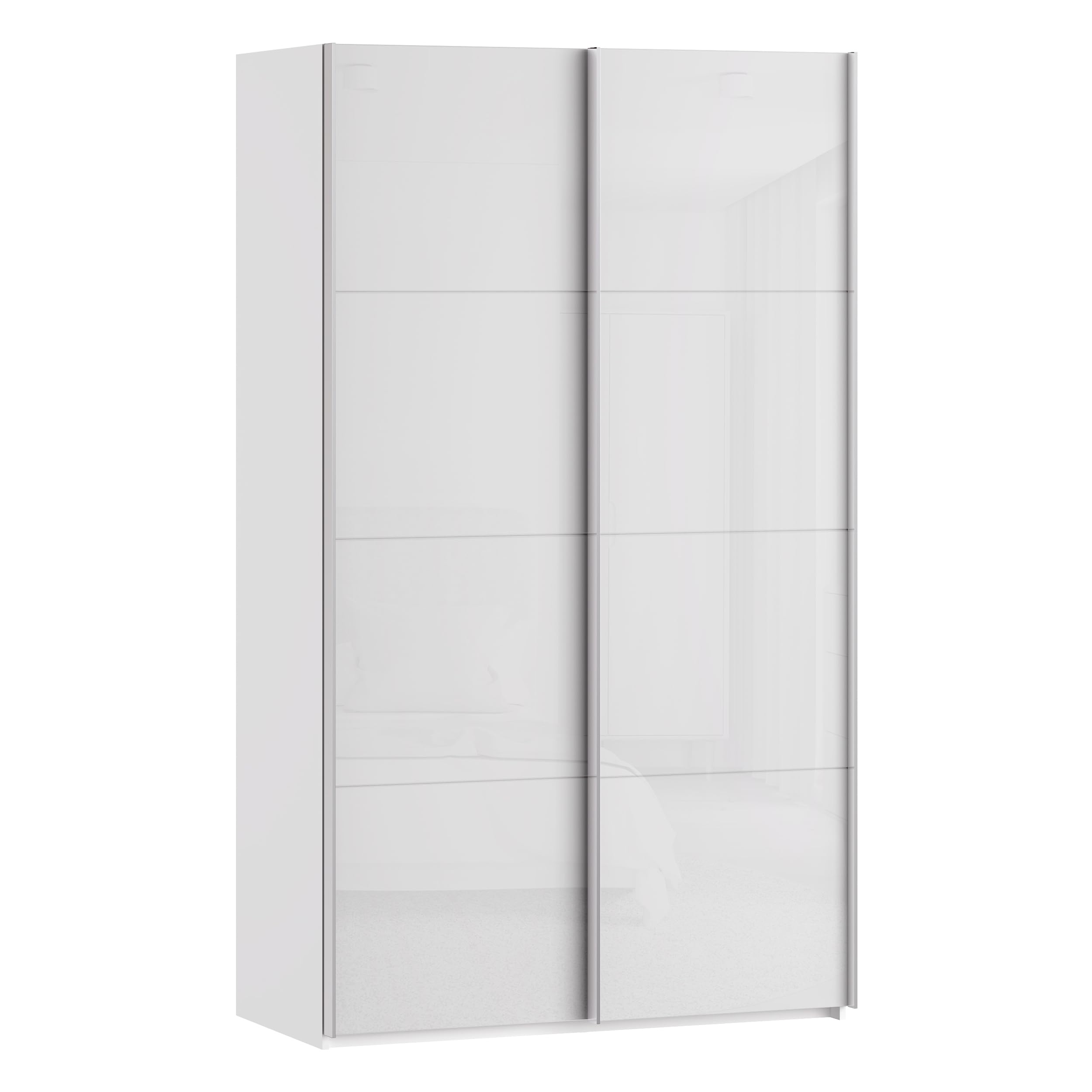 Forte SOPHISTISPACE Kleiderschrank 120, moderner Schwebetürenschrank, 2-türig, Einlegeböden, Kleiderstange, Holzwerkstoff, Weiß/Weiß Glanz, 120,1 cm breit x 210,5 cm hoch x 62,9 cm tief
