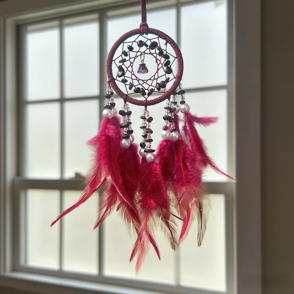 High-end Crystal Stone Dreamcatcher Red and Purple Feather Dreamcatchers for Home Decoration Ornaments Bedroom Wall Hanging Car Pendant Exquisite Interior (Red Feather - 1pc)