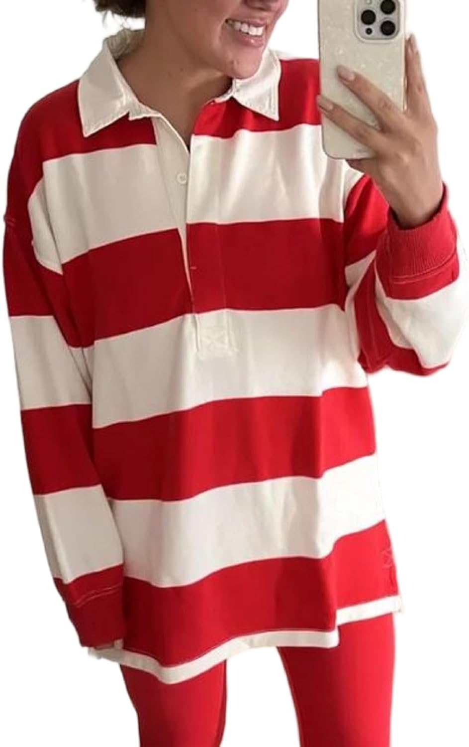 Women Striped Rugby Polo Shirt Y2k Oversized Lapel Collared Pullover Tops Loose Fit Button Up Long Sleeve Shirts