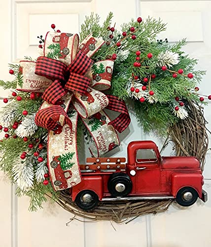 15 Inch Christmas Wreath for Front Door, Vintage Truck Plaid Bow-Knot Garland Rustic Farmhouse Christmas Wreath, Red Berry Wreath for Indoor Outdoor, Xmas Decoration