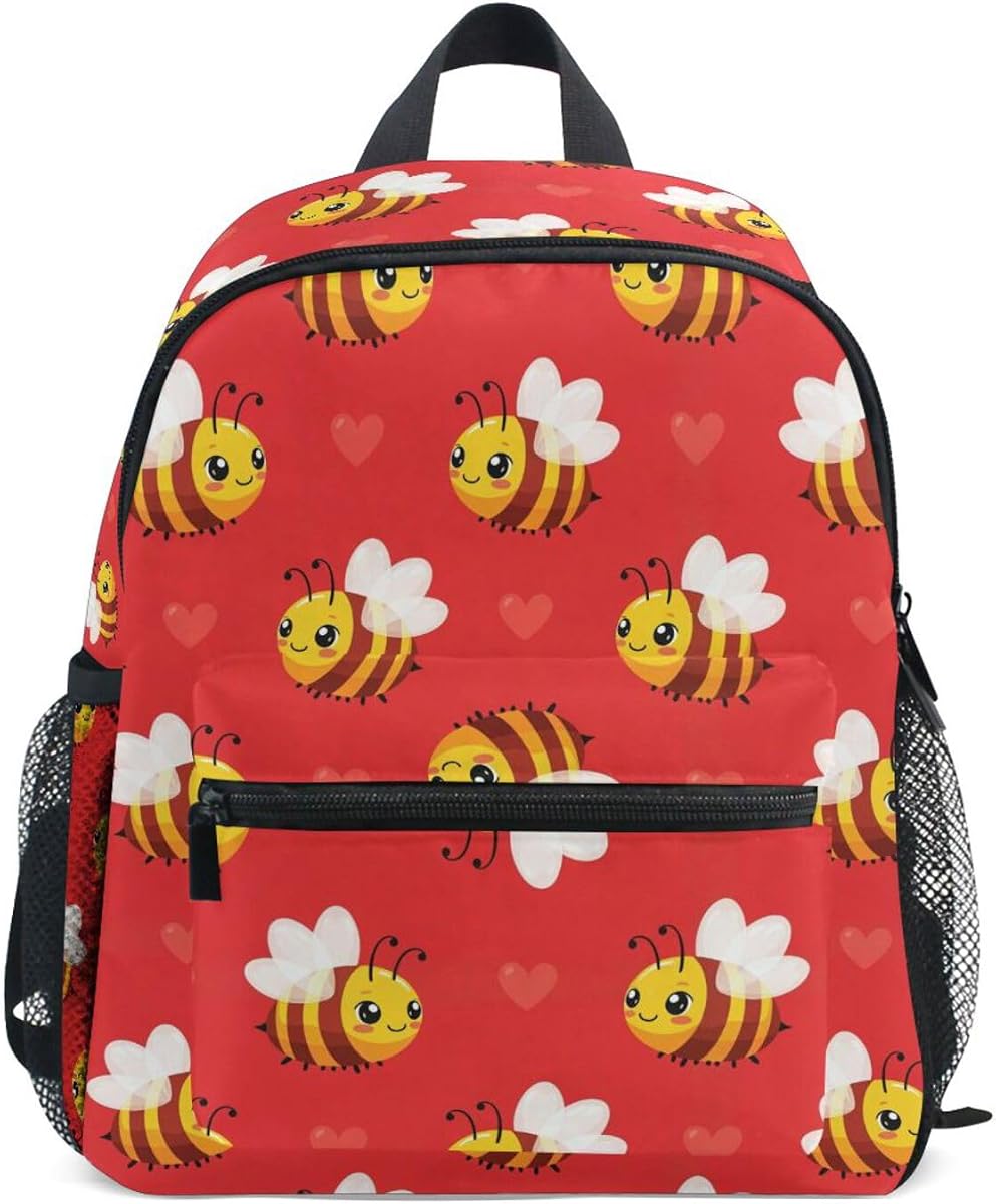 Bee Hearts Red Pattern Toddler Backpack for Boys 3-8, Cute Kids Backpack with Leash & Whistle, Lightweight Water Resistant Sturdy Preschool Bag for Daily Outdoor