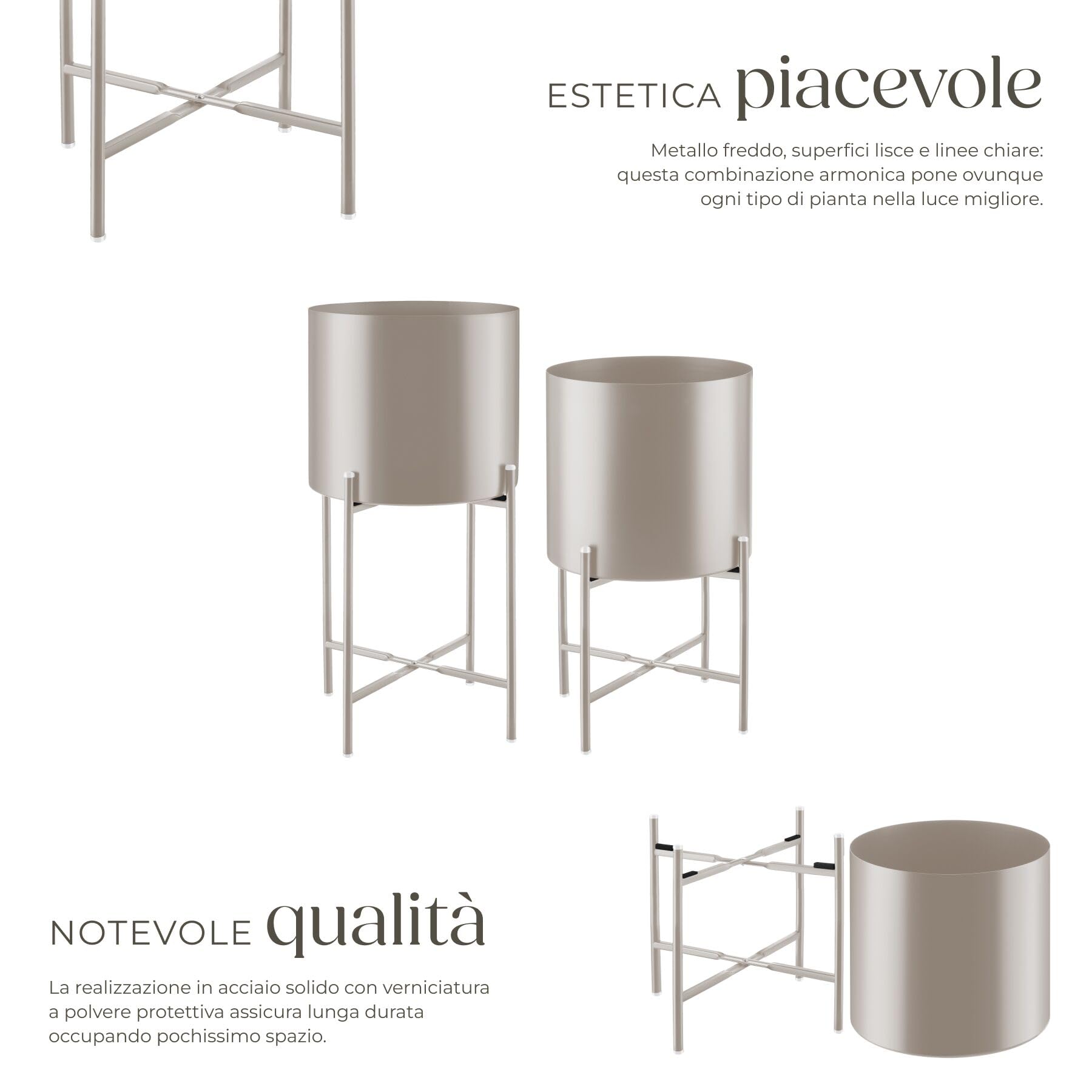 tectake® Set da 2 Portapiante, Portavasi, Supporto Piante per Esterno, Giardino, Balcone e Interno, Acciaio Verniciato, Vasi Rimovibili, Cuscinetti Antiscivolo, Arredamento casa Vaso Piante - Tortora