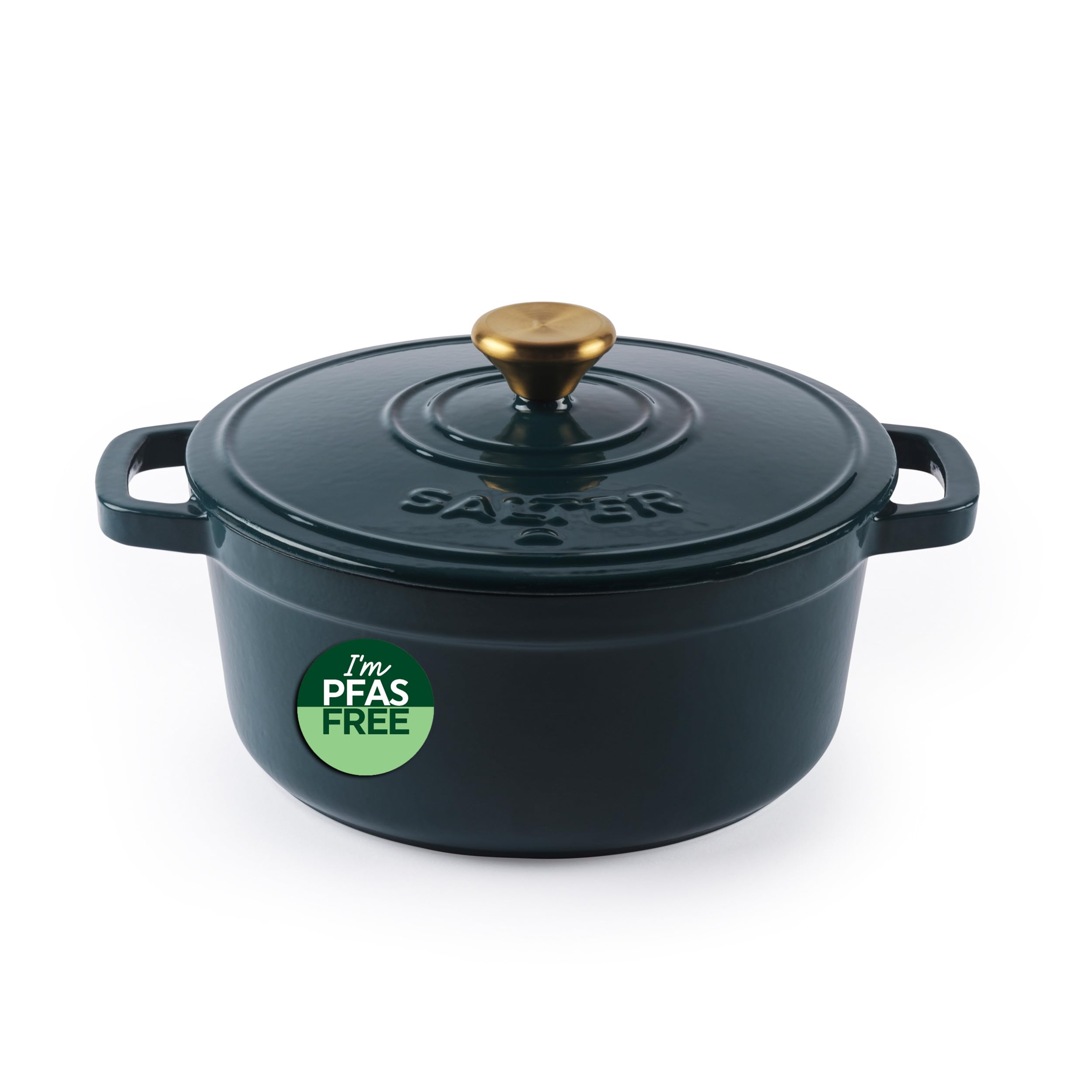Salter Chester 20 cm Cast Iron Casserole Pot – Self-Basting Lid, Dutch Oven/Stock Pot, Hob to Table Cooking, Suitable for All Hob Types Including Induction, 2L Capacity, PFAS-Free, Green
