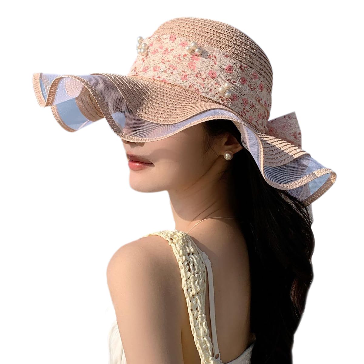 HeiDmai Womens Wide Brim Straw Sun Hats UV Packable Beach Hat Summer Bucket Cap for Travel (US, Alpha, One Size, Pink)