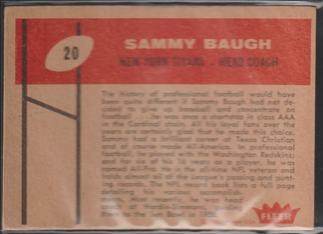 1960 Fleer Sammy Baugh New York Titans Football Card
