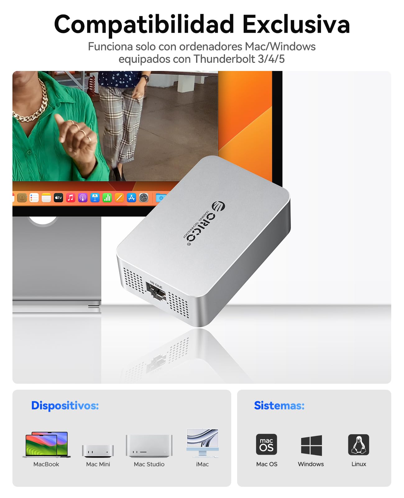 ORICO 10GbE Ethernet Adaptador, hasta 10Gb/s, Soporta 10Gb/s, 5Gb/s, 2.5Gb/s, 1Gb/s y 100Mb/s Base-T, Compatible con Dispositivos Thunderbolt 3/4/5, con Cable 0.3M 40Gbps C a C