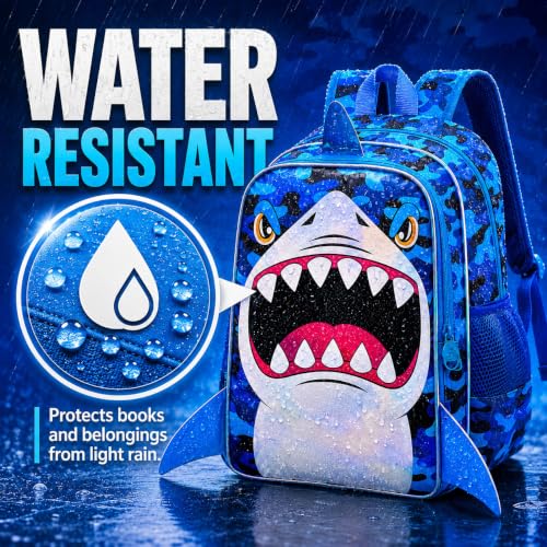 Image of 16 inch Shark Backpack for Boys, 3Pcs Kids Bookbag with Lunch Box, School Backpacks for Elementary Preschool Kindergarten (Blue)
