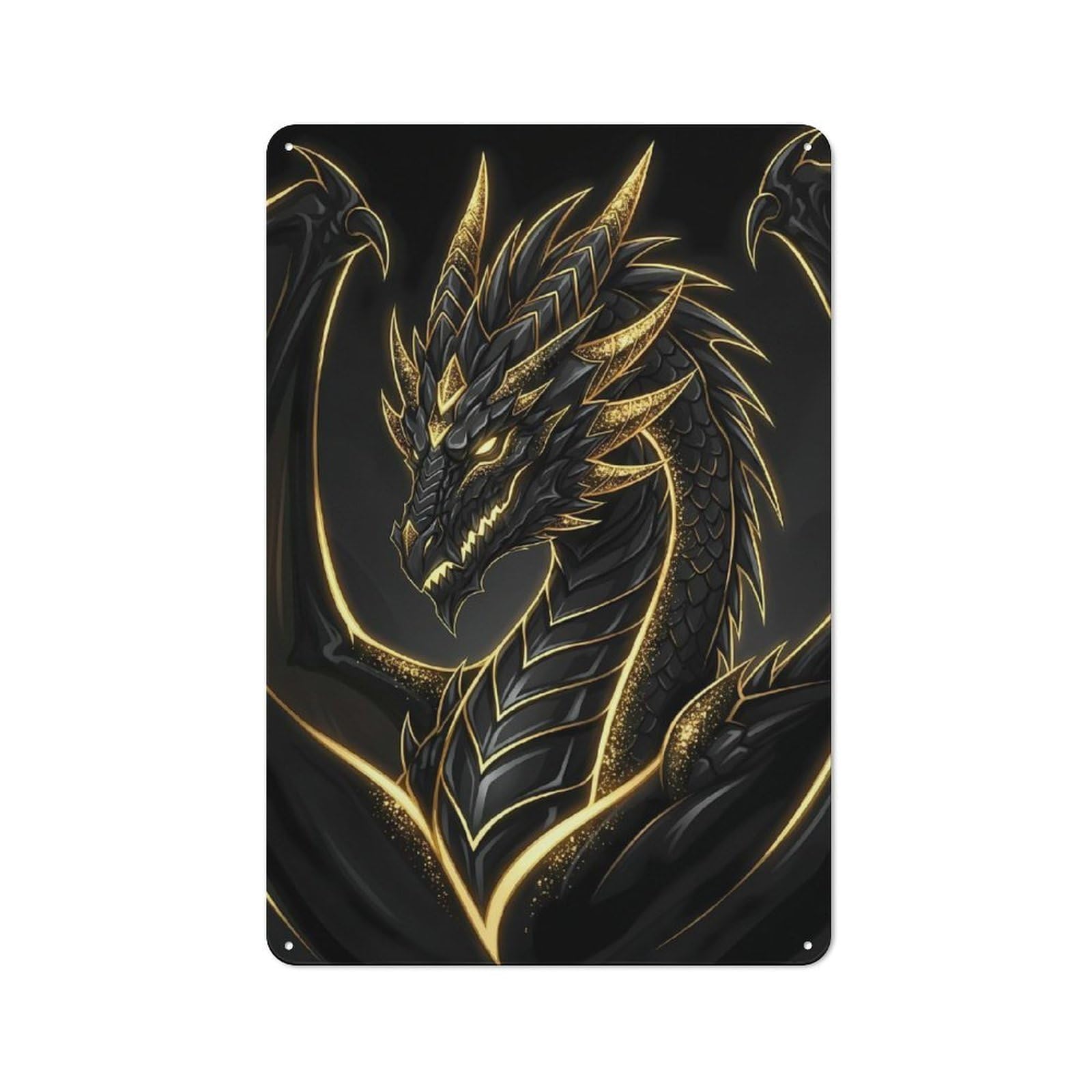 Junmoney Style-11 Black And Gold Dragon Illustration Everyday Metal Wall Decor 30X20cm, Decorative Tin Plaque For Flat, Dorm Room, Lounge Or Cafe