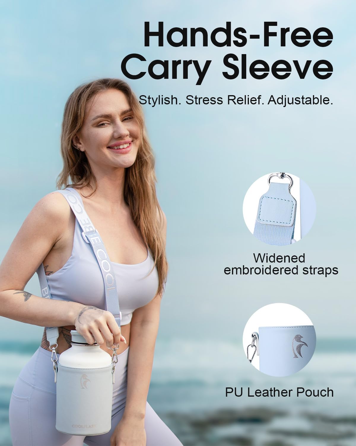 Coolflask 64 oz Water Bottle Insulated with PU Leather Sleeve, Half Gallon Water Bottle Color Contrast with Straw Lids, Stainless Steel Metal Large Water Jug, Keep Cold 48h Hot 24h,Glacier White - Image 3