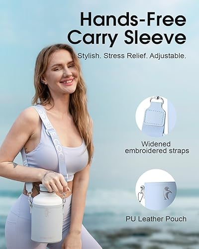 Miniatura 3 de Coolflask Botella de agua de 64 onzas aislada con funda de piel sintética, botella de agua de medio galón, contraste de color con tapas con pajilla,