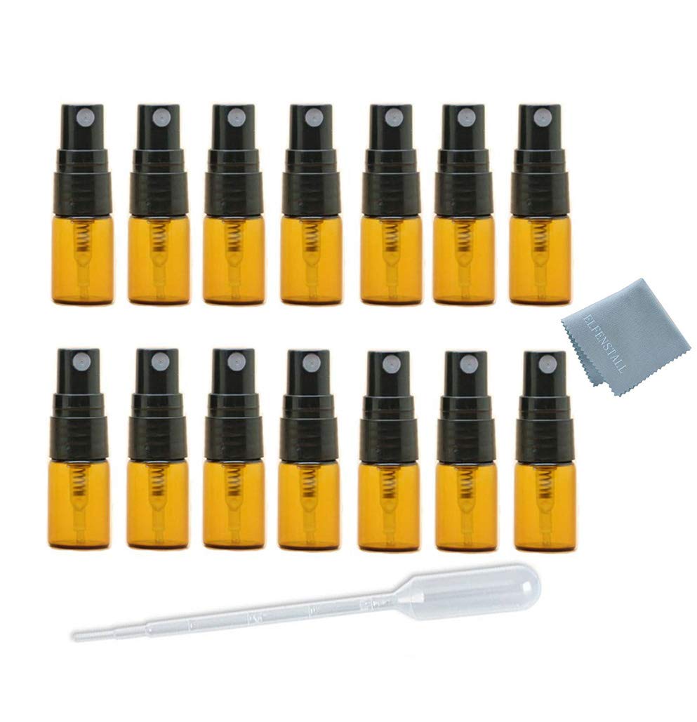 30pcs 2ml Brown Amber Fine Mist Mini Atomizer Vial Small Glass Bottle Spray Refillable Perfume Empty Sample Bottle Clean Cloth 3ML Pipette Dropper for Travel Party