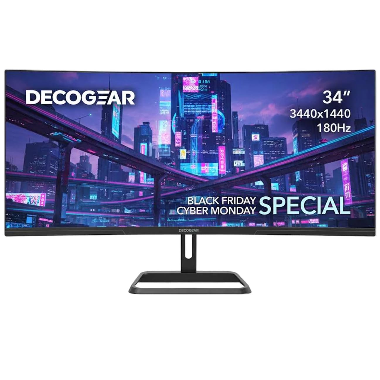 Deco Gear 34” Ultrawide Curved Gaming Monitor 3440×1440 UWQHD, 180Hz, 1ms MPRT, VA Panel, 1500R, HDR Ready, 100% sRGB, Adaptive Sync, Dual HDMI/DP, 21:9, VESA Mount, Tilt Adjustable - American Seller
