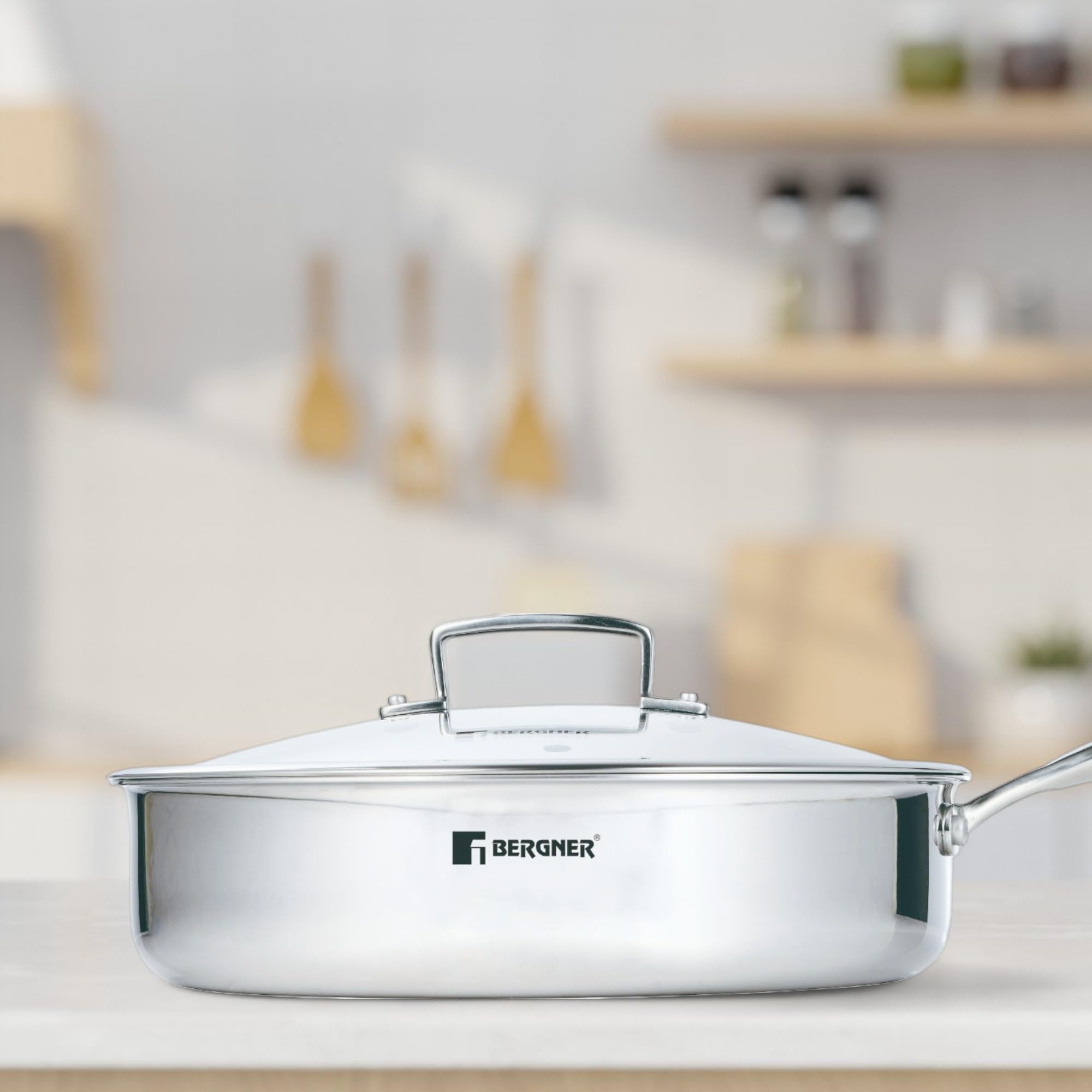 BERGNER Steelblue PFAS-Free Tri-Ply Hybrid Sauté Pan 28 cm Glass Lid