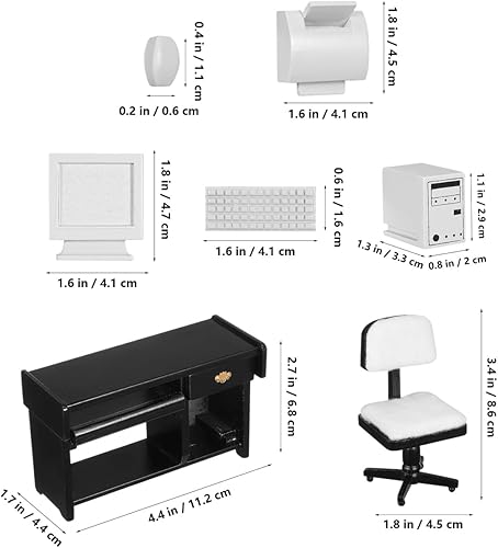 Miniatura 2 de NUOBESTY Juego de muebles de oficina en miniatura para casa de muñecas 1:12, escritorio y silla negros con computadora, ratón, teclado, impresora