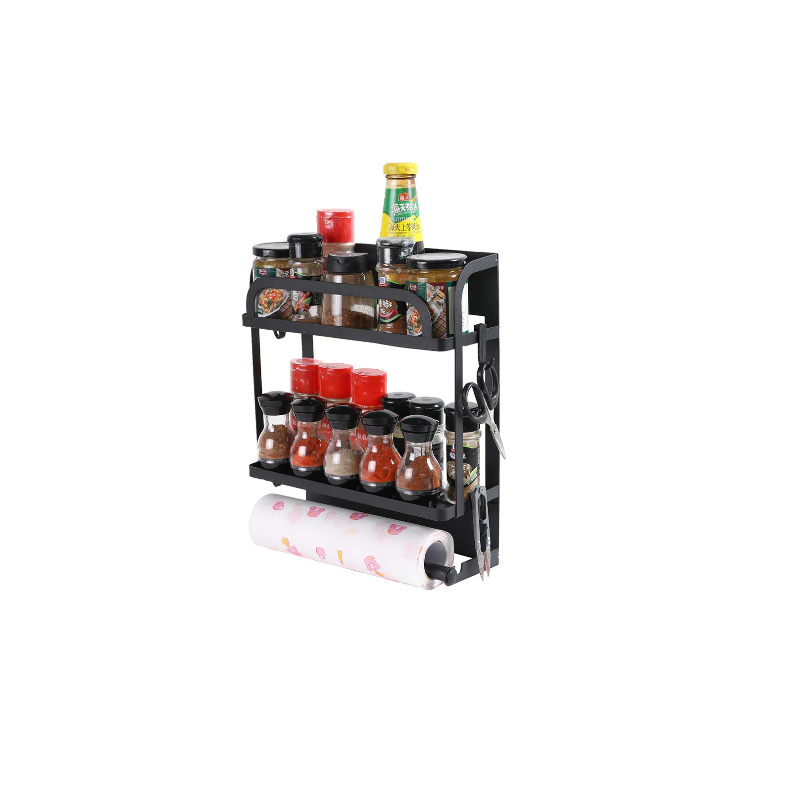 YCOCO Spice Rack Organizer 2 Tier Refrigerator Storage Shelf with Paper Towel Holder and Removable Hooks,Black
