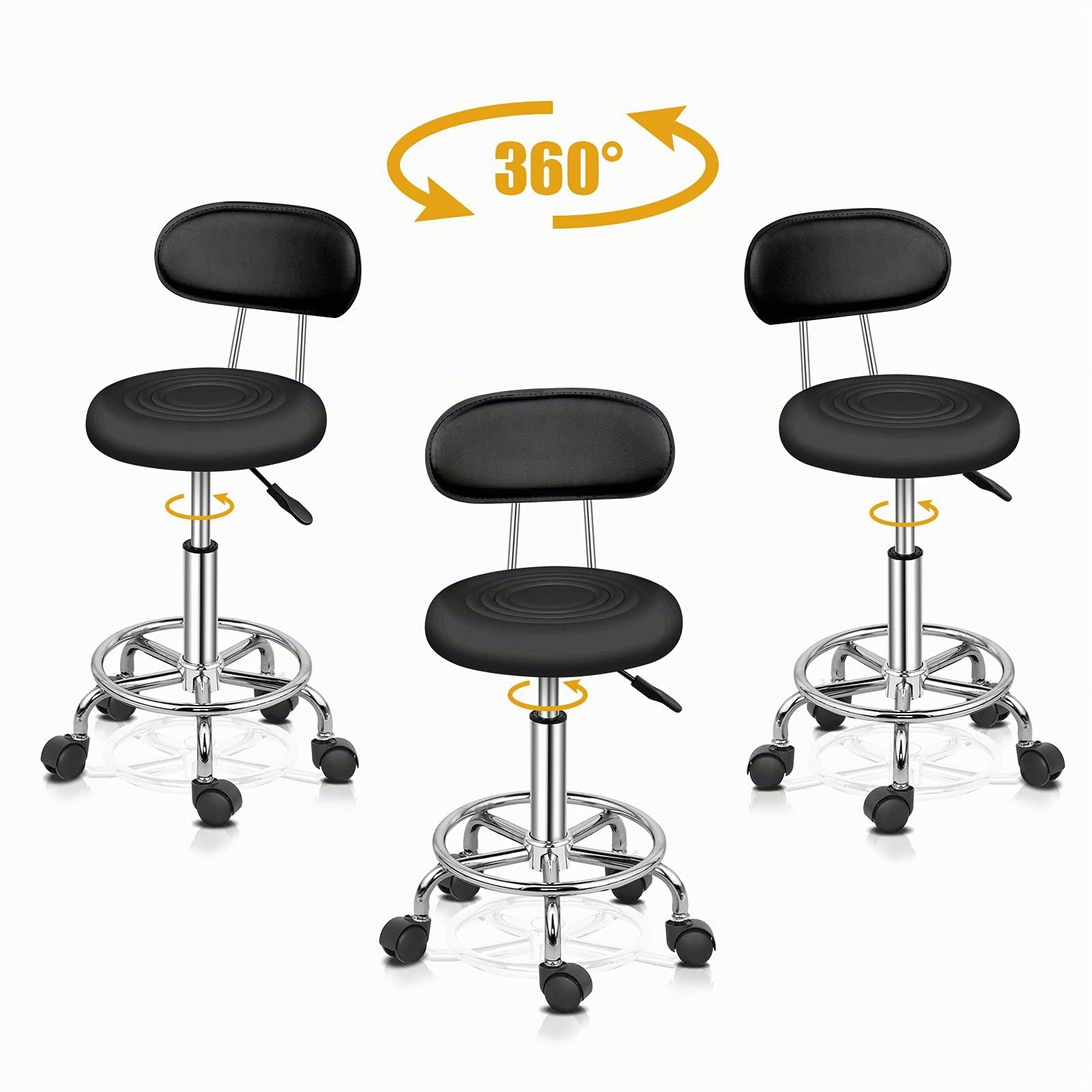 Bonnlo Rollhocker Arbeitshocker Bürohocker Höhenverstellbar mit Rückenlehne Drehhocker für Büro/Salon/Bar, Kunstleder Schwarz mit Rückenlehne