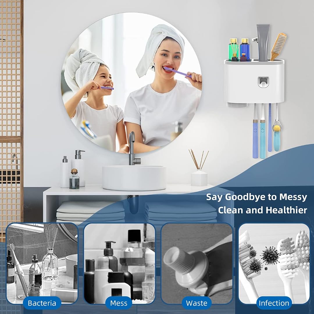 Soporte para cepillo de dientes montado en la pared, soportes para cepillo de dientes para baño, dispensador de pasta de dientes con 4 ganchos para cepillo de dientes (1 taza)