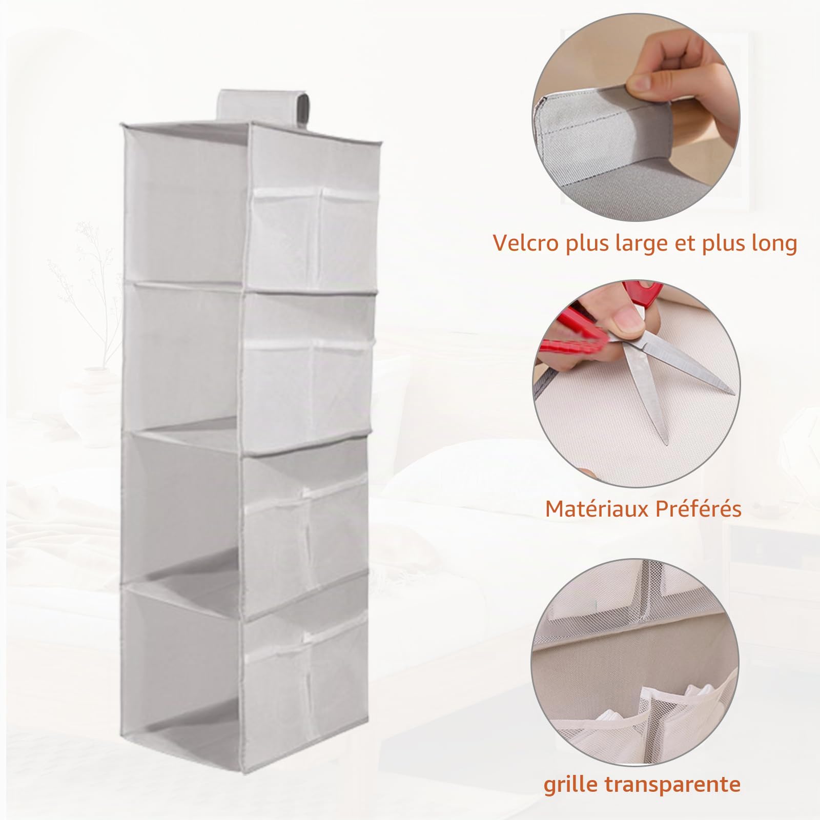 Lot de 2 étagères suspendues pour penderie, 4 Compartiments, avec 12 Poches latérales en Filet pour Armoire familiale, Chambre à Coucher, Pliables et Coupe Universelle (Gris et Rose)