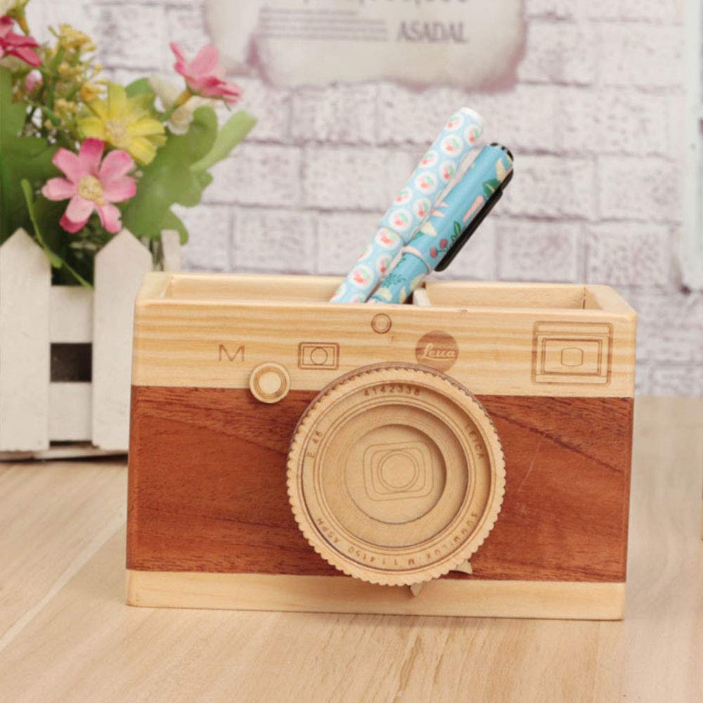 SagaSave Wood Pen Holder, Creative Camera Shaped Desktop Pencil Holder, Wooden Cute Pen Pot, Gift for Kids Students, Friends - Image 3