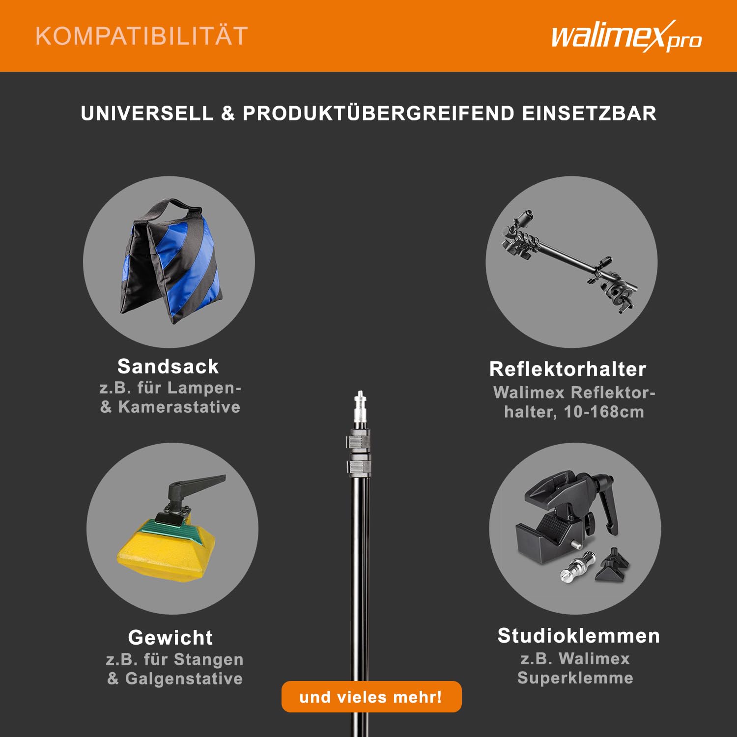 Walimex pro WT-803 Lampenstativ höhenverstellbar bis 208 cm, Lichtstativ aus Aluminium mit Tasche + Adapter, Studiostativ max. Traglast 3,5 kg, Blitzstativ für Studio und Mobil