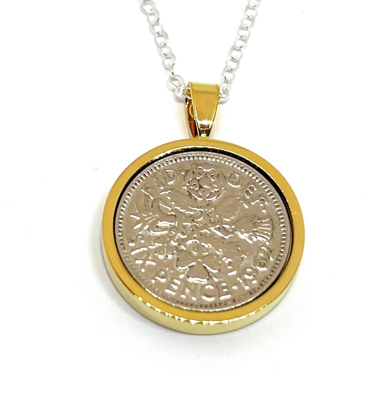 OCC Old Coin CufflinksSolid Round Pendant 1962 Lucky Sixpence 59th Birthday Necklace, Sterling Silver 18in Chain GLD
