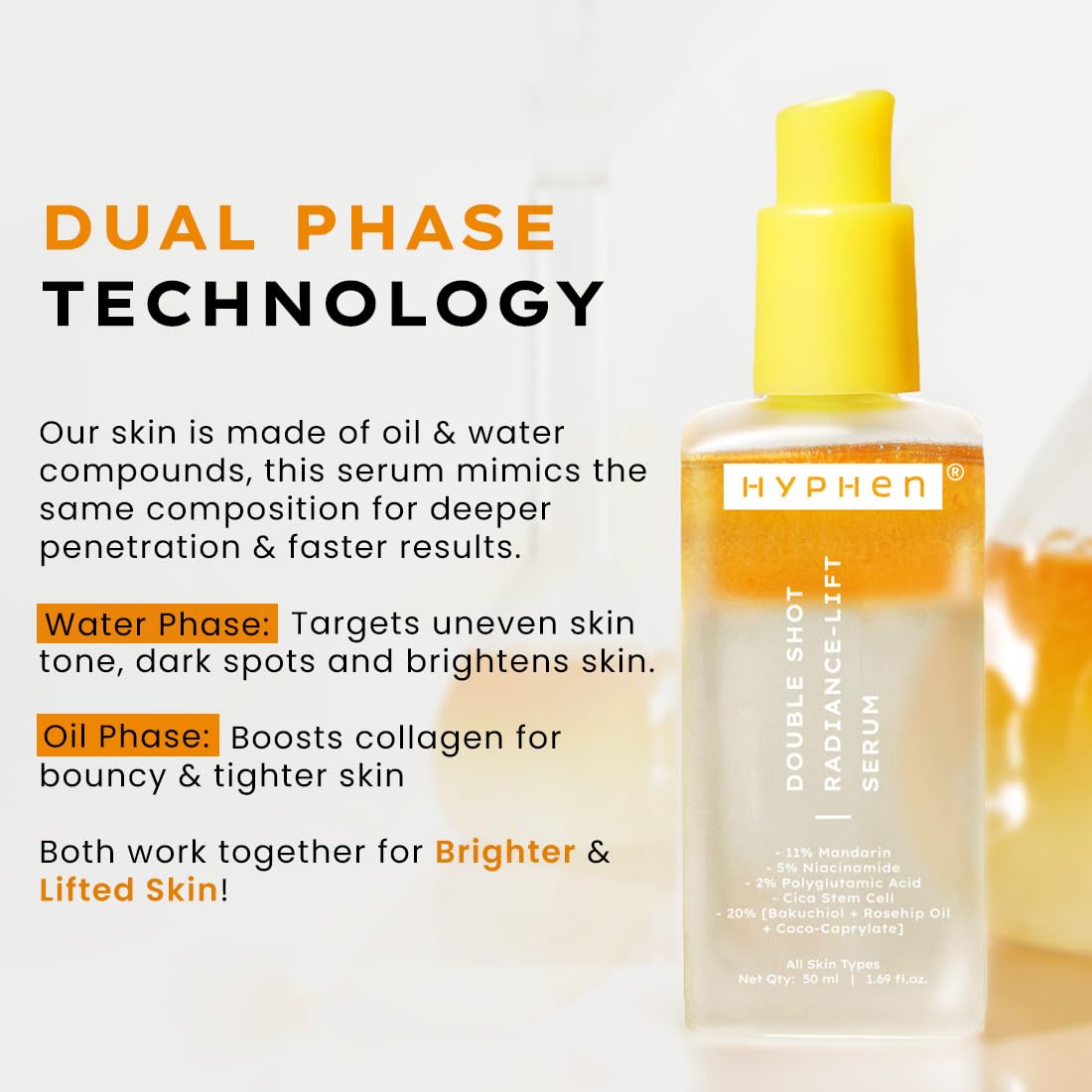 Hyphen 18% Brightening + 20% Collagen Face Serum | Double Serum with 11% Mandarin 5% Niacinamide 2% PGA & Bakuchiol | Brightening & Collagen Boost | Dark Spots & Melanin Reduction | All Skin Type-50ml - Image 4 thumbnail