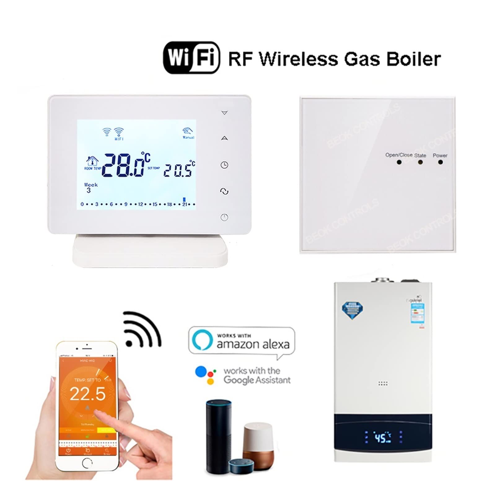 Czujnik termometru, Termostat florowy Smart Home WiFi & AMP; Rf. Kocioł Gasowy Bezprzewodowy regulator ciepłej wody do Google(BOT306RF-WIFI)