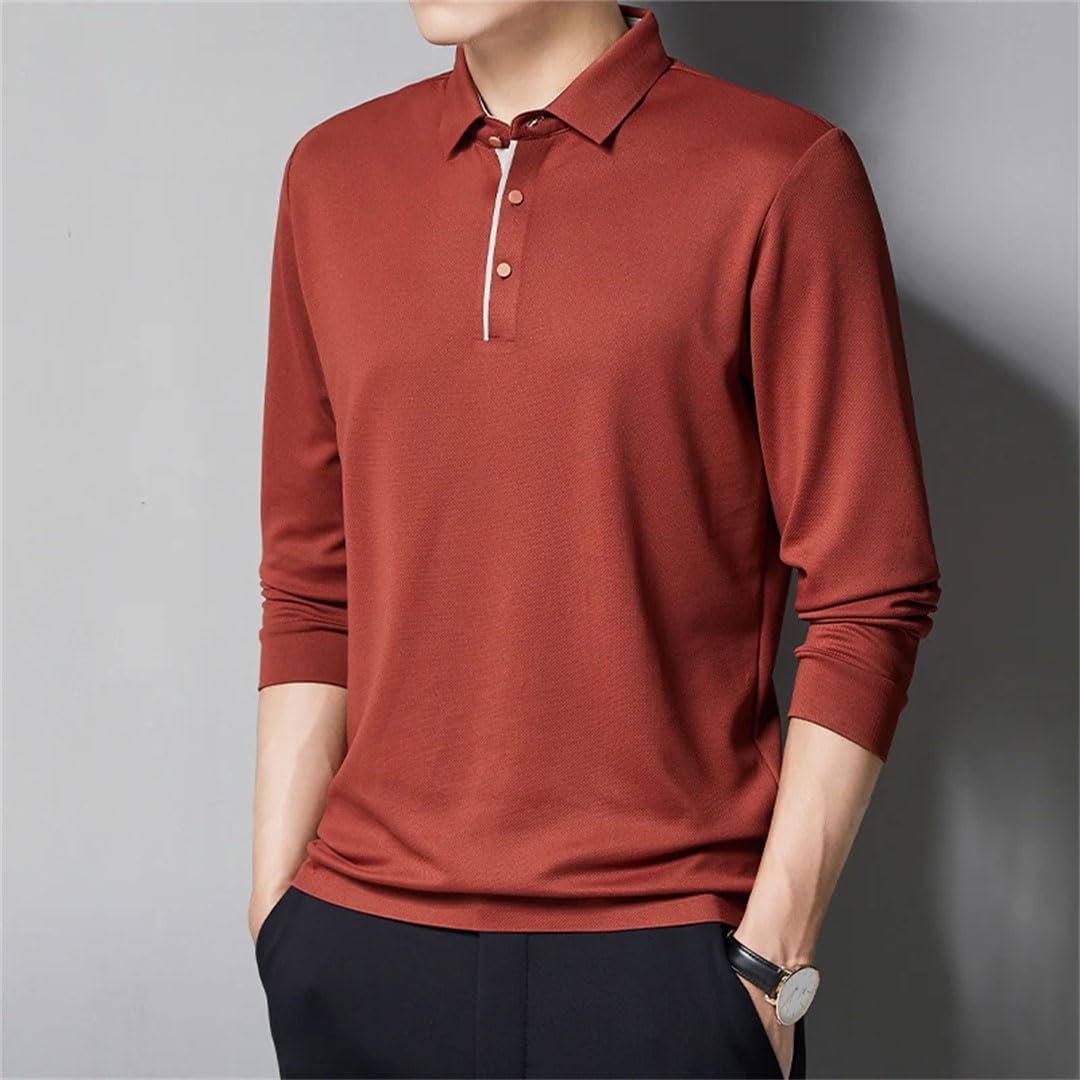 Polo de manga larga para hombre, con solapa, con botones, elástico, no deja rastro