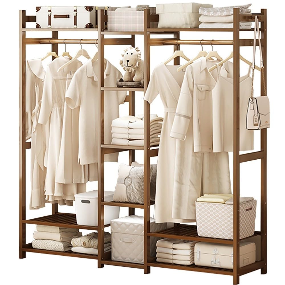 POLGDW Bamboo Clothes Rack with 5 Shelves Independent Garment Hanger for Bedroom Max Load 100kg Perfect for Dresses Shoes Hats & Accessories Storage.