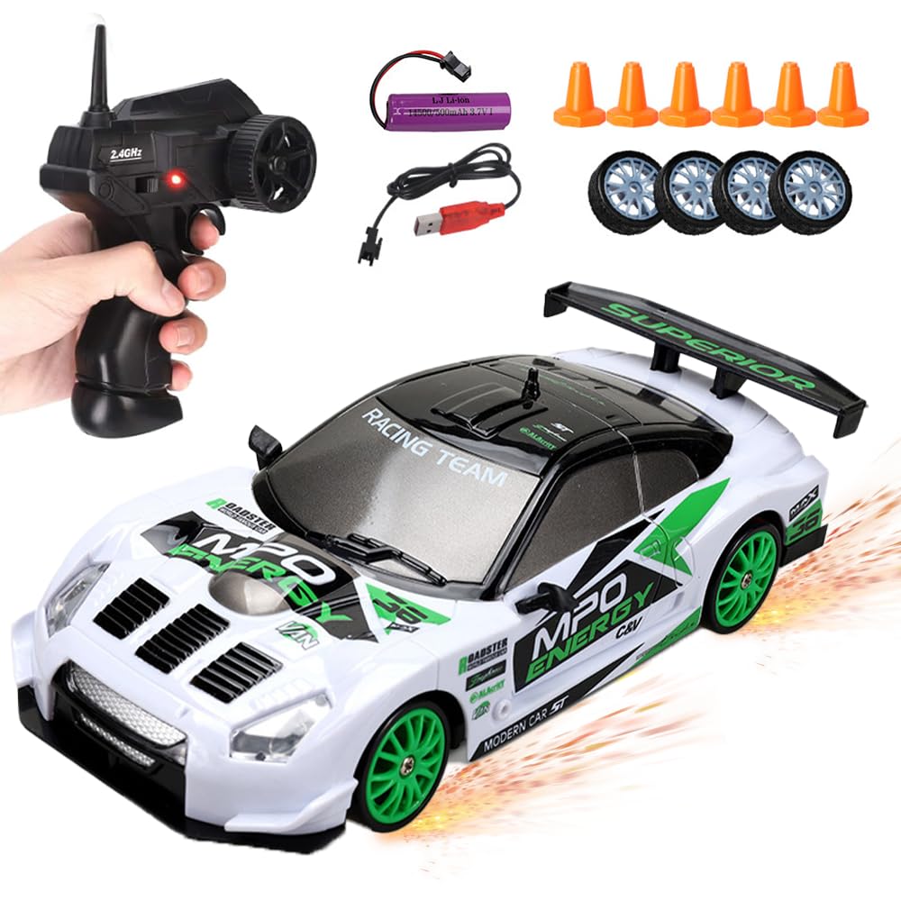 Coche RC Drift, 1:24 Coche Teledirigido Drift con Iluminación, 30 km/h, 2.4 GHz, 4WD Drift RC Car, Coche de Drift Teledirigido para Niños y Adultos a Partir de 6 Años (Blanco)