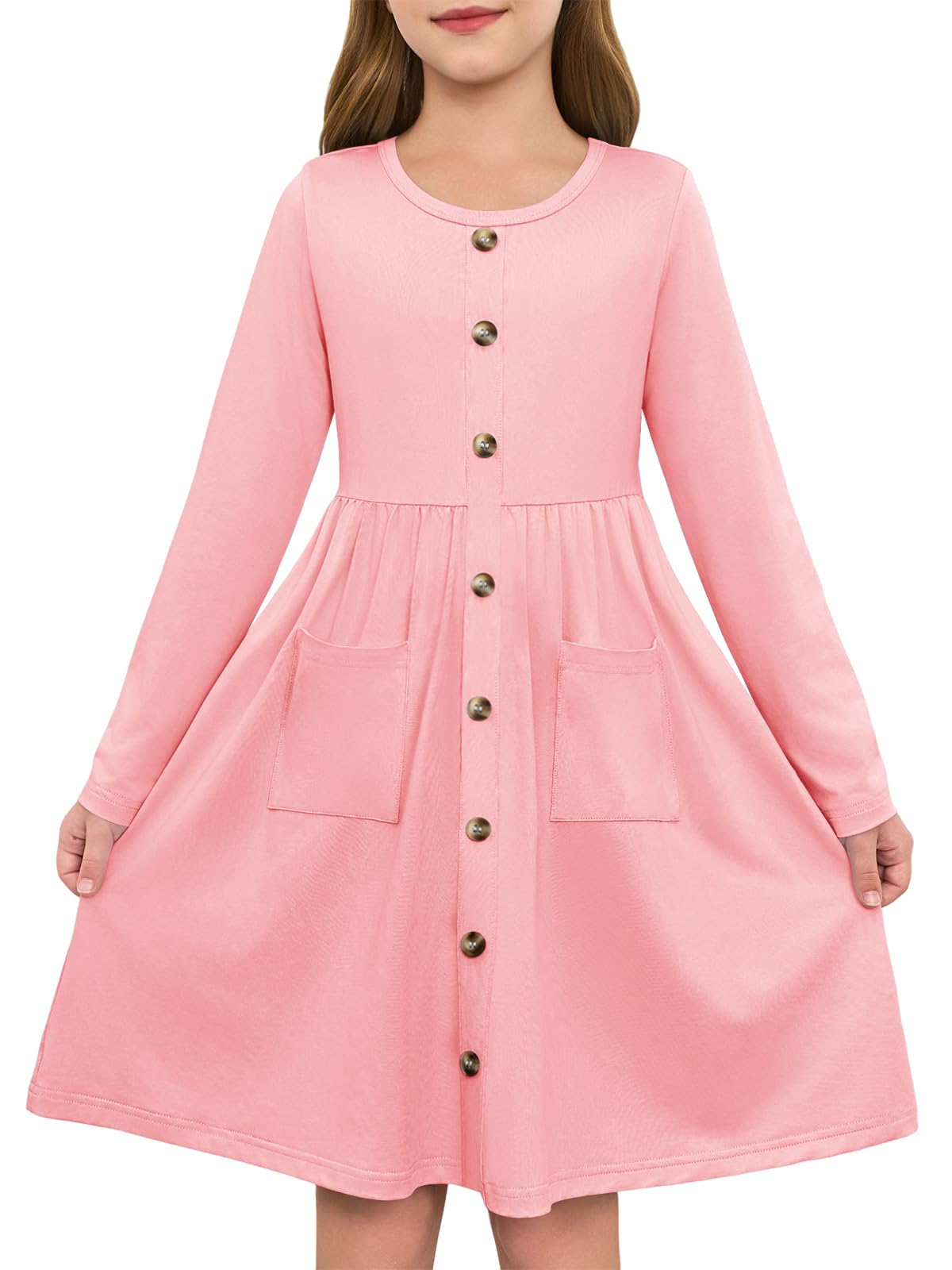 Girls Dresses Kids Button Down Midi Long Sleeve Casual A Line Dress with Pockets 4-14 Years