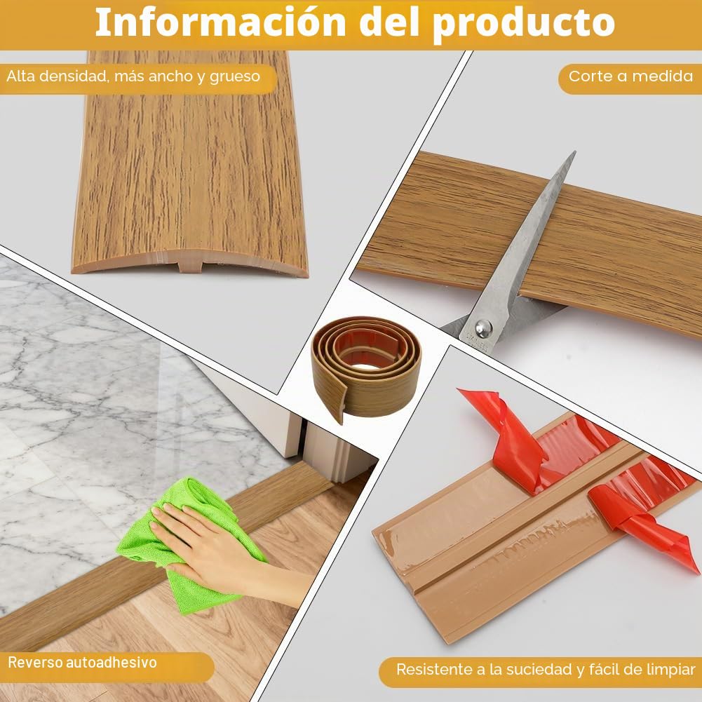 1M * 5CM Perfil de transición autoadhesivo, raya de umbral de puerta de PVC, perfil en T para nivelación de altura, raya de cobertura para suelos de parquet, laminados y umbrales (Madera Yu amarilla)