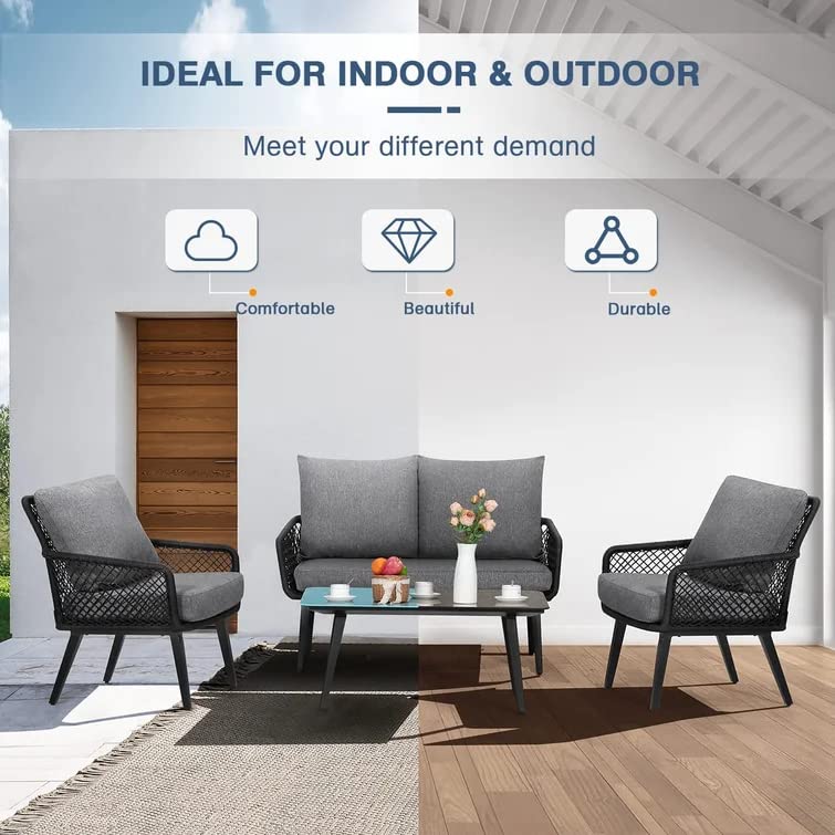 Image of DEVOKO Outdoor and Indoor 4 Seater Sofa with Center Table and Cushioned Rope Chairs Set for Garden, Balcony (Black & Grey)
