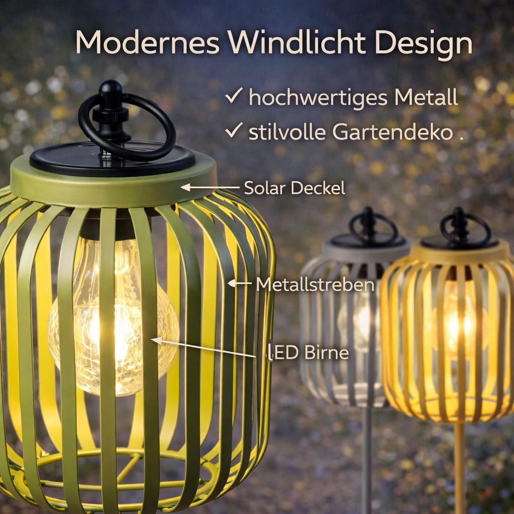 formano 3er Set Solar Gartenstecker Windlicht Solarleuchten mit LED-Birne & Dämmerungssensor Metall Gartenbeleuchtung IP44 für Garten Beet & Terrasse dekorative Solar Lampen Höhe 87 cm Ø16 cm