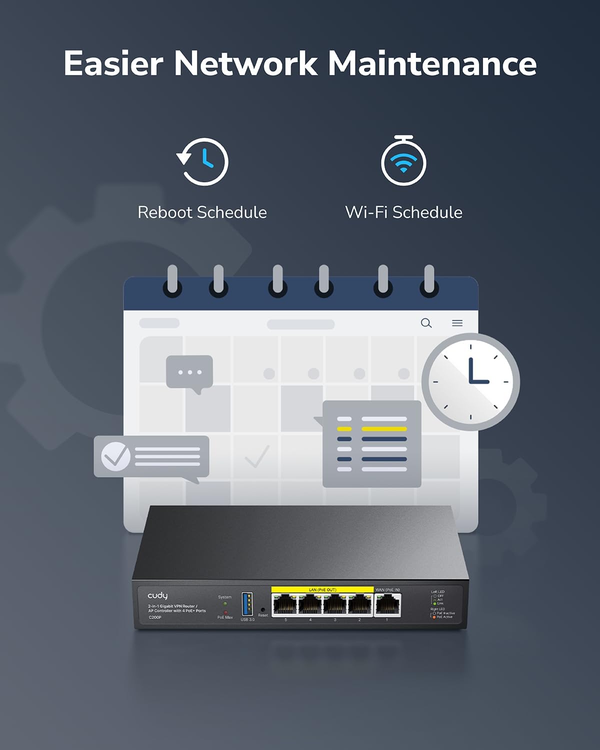 Cudy C200P Hardware AP Controller and VPN Router, PoE or DC Powered, Manage Up to 200 APs, Captive Portal, USB 3.0 Port, Easy and Intelligent Network Monitor & Maintenance