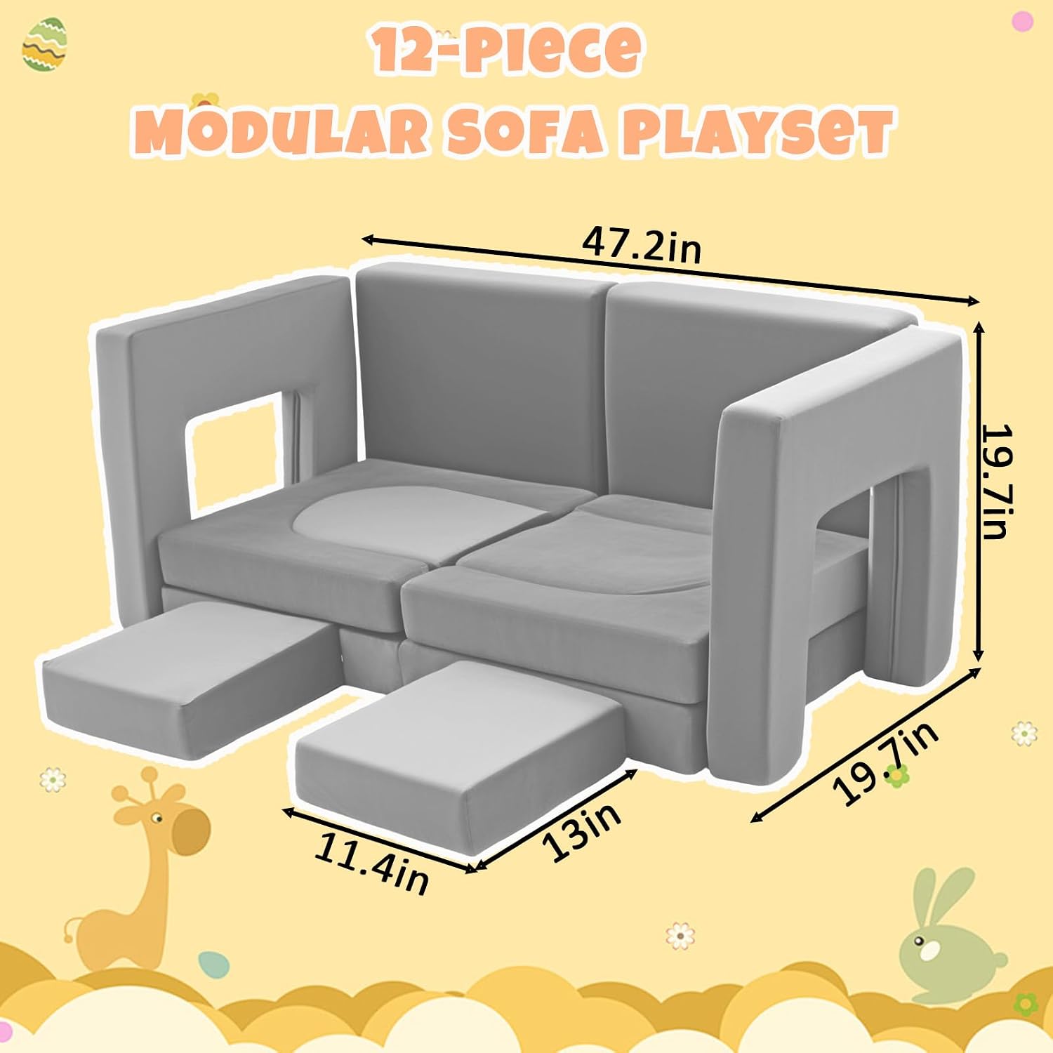 Incomplete)))))12Pcs Modular Kids Play Couch Multifunctional Foam Toddler Sofa Convertible Kids Sofa Playroom Bedroom Furniture Floor Foam Explorer Couch with Building Fort Feature for Boys and Girls (light gray) 2408 Light Gray