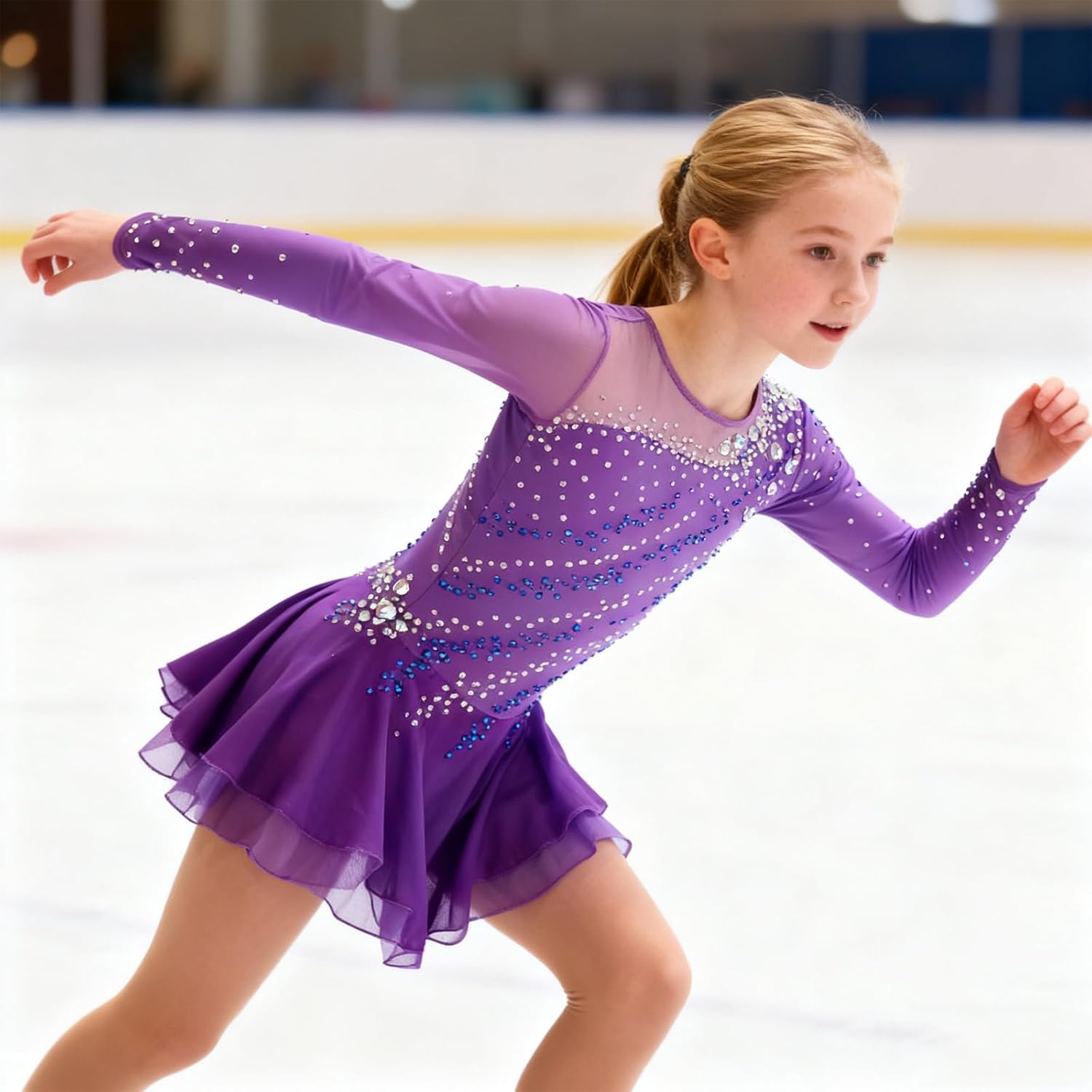 Ice Figure Skating Dress for Girls and Women Blue Long Sleeves Handmade Customized Competition Performation