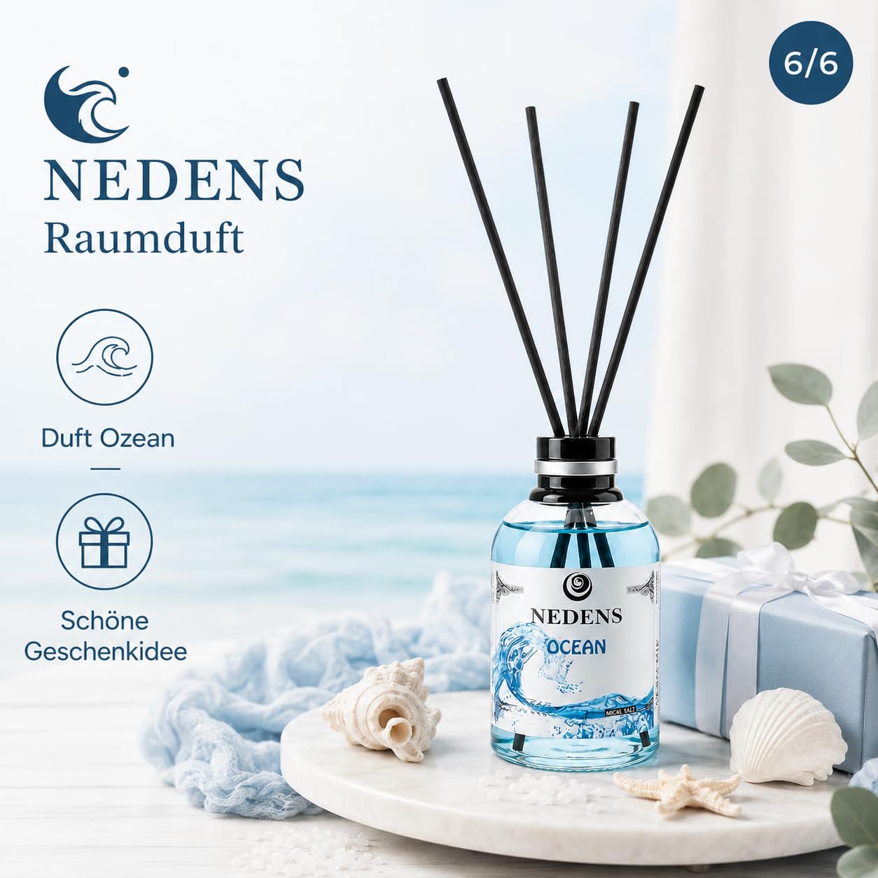 Patyczki zapachowe Mikado Ocean dyfuzor 110 ml | Morska świeżość dla salonu, sypialni i biura – pasywny dyfuzor bez prądu, ognia i rozpylania