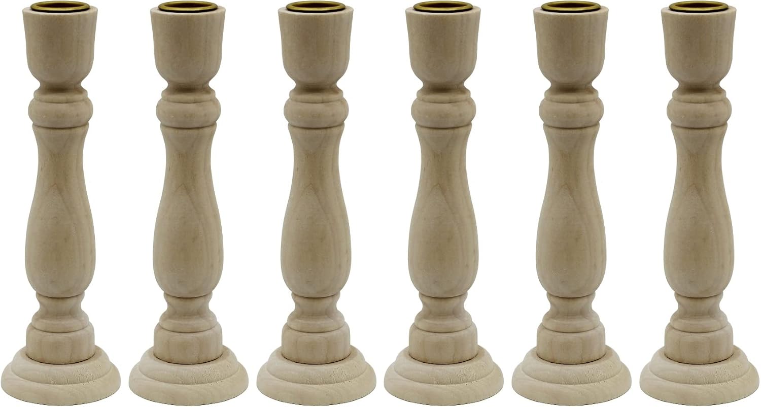 Creative Hobbies Unfinished Wooden Candlesticks with Metal Candle Holder Cup Center - Wholesale Pack of 6 (7 Inch)