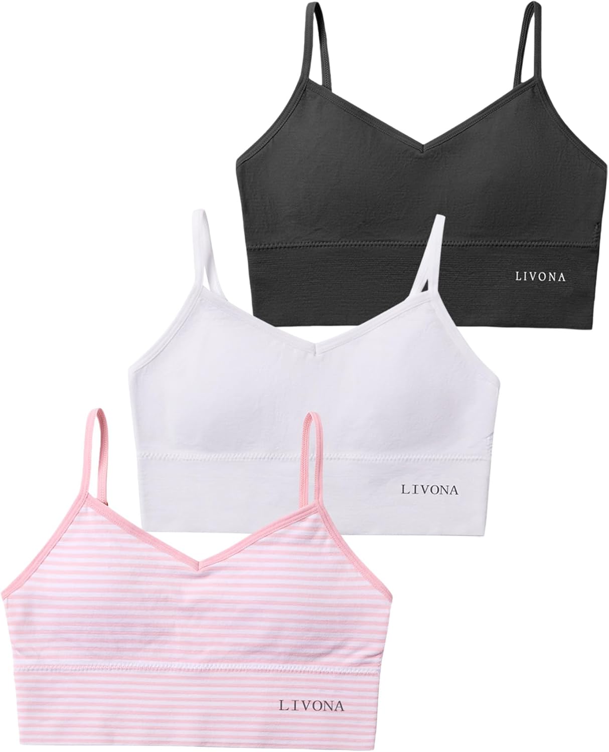 Livona 3 Pack Training Bras for Girls - Sports, Fitness, Padded Everyday Bralette, Crop Cami Tank Top (6-14)