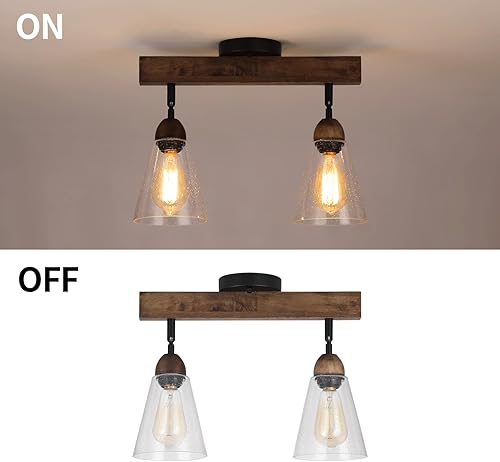 Miniatura 7 de Lámpara de techo rústica de 2 luces con riel de cristal de estilo rústico de montaje empotrado, mini pantalla de vidrio transparente y madera de