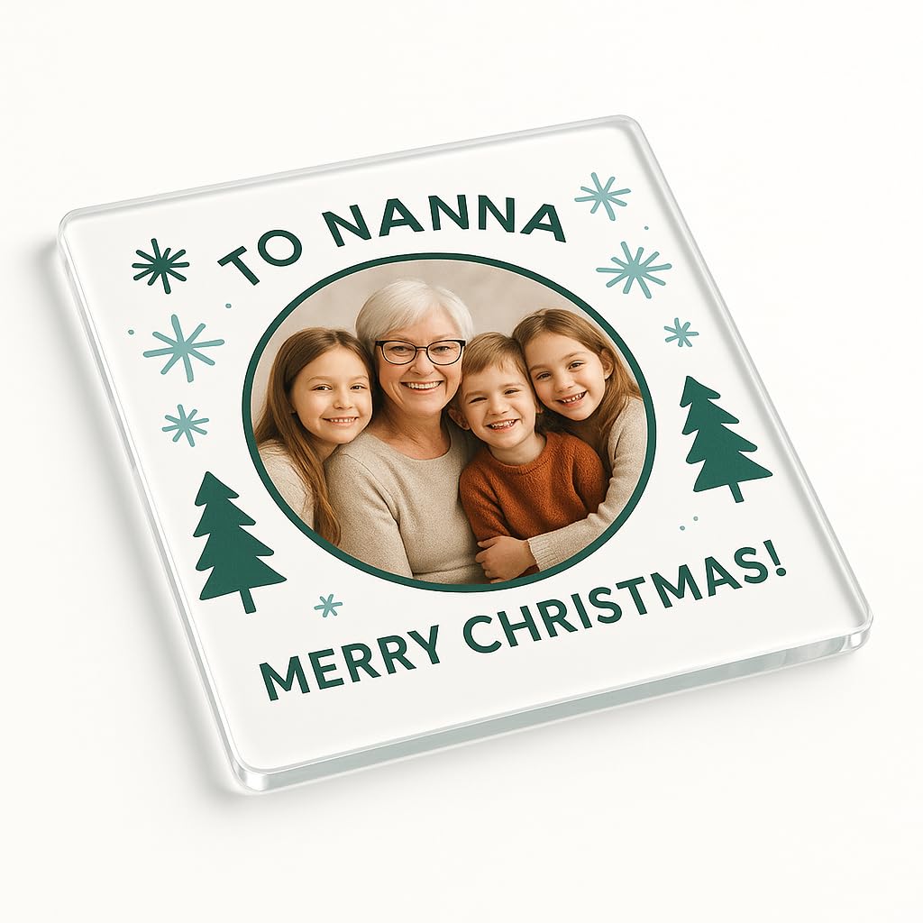 The Plum Penguin Nanna Embrace Personalised Acrylic Coaster Gift Featuring Personalised Family Photo - Starry Embrace Christmas Keepsake For Nanna's Delight