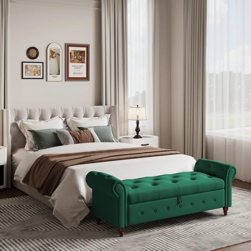Image of LEGACY OF COMFORT F4 Velvet Upholstered Storage Bench Sofa Bench Sofa couches Rolled Arm Window Bench Ottoman Bench 2 Seater Sofa Chaise Lounger or Living Room Bedroom Office (Green Velvet)