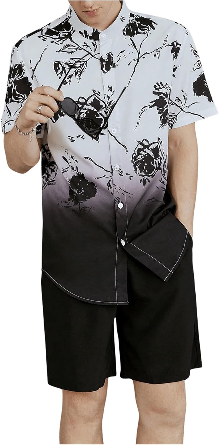 OYOANGLE Men's Casual Short Sleeve Tropical Print Collared Button Down Hawaiian Shirts - Image 2