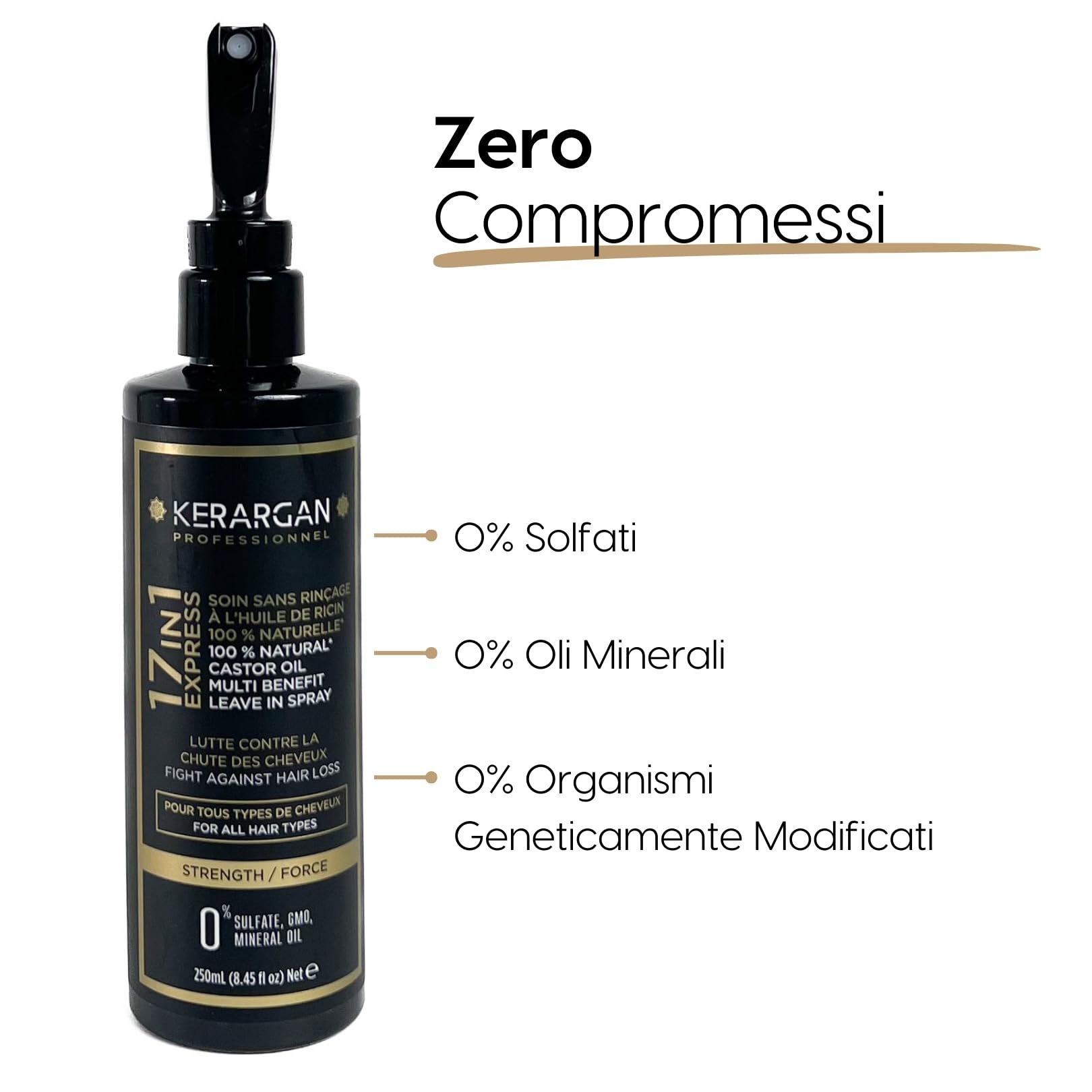 Kerargan - Lozione Tonica con Olio di Ricino Anti-Caduta per Capelli Fortificati - Idratante, Districante, Volume e Anti-Crespo - Senza Solfati, OGM né Oli Minerali - 250ml