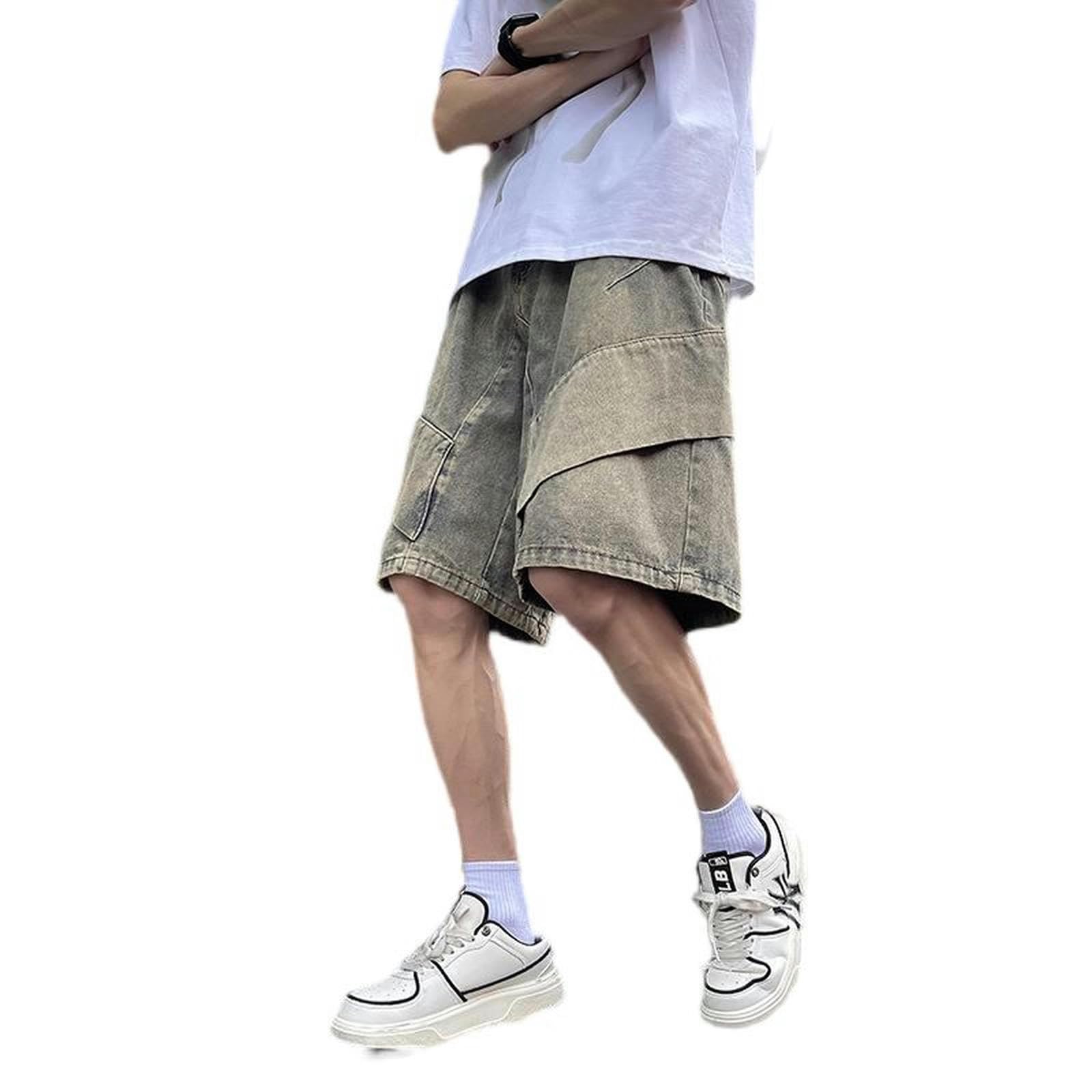Pantalones Vaqueros Finos de Verano, Pantalones Casuales Sueltos de Calle Alta, Pantalones de Cinco Puntos, Pantalones de Hombre no elásticos, Gris Cemento, S