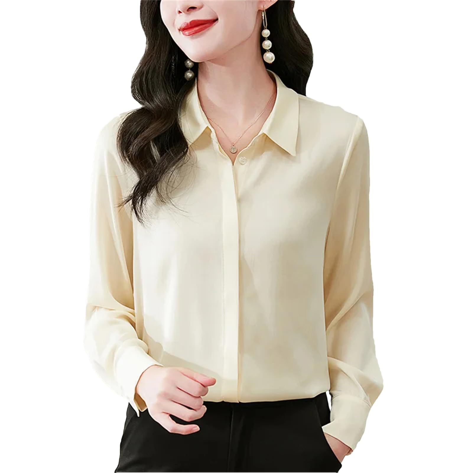 Vogrtcc Blusa básica de seda para mujer, con botones, de manga larga, para oficina, ropa de trabajo