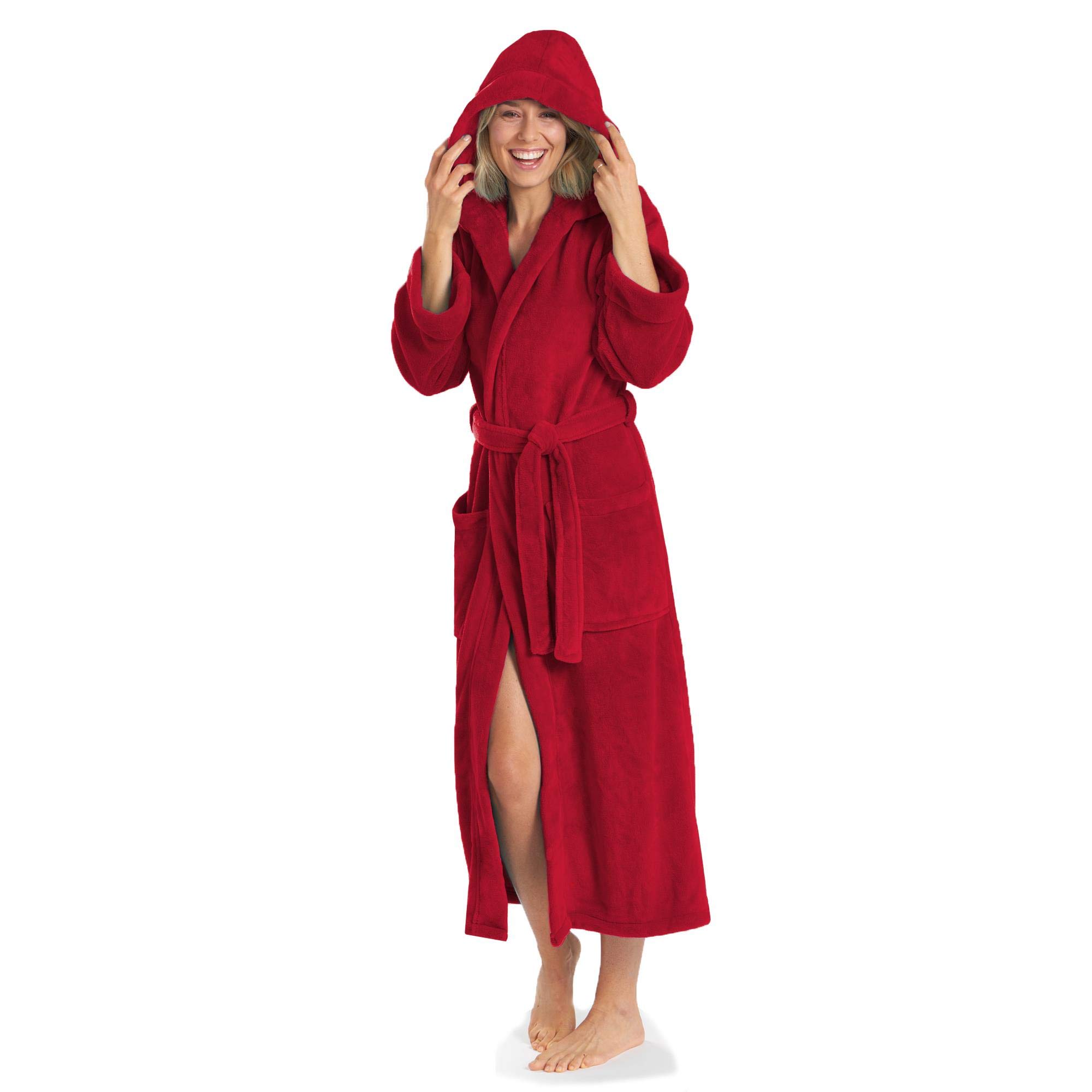 aqua-textil XS-XXXL Bademantel Kapuze Uni lang aufgesetzte Taschen Damen Herren Unisex Mikrofaser Kuschelfleece OEKO-TEX